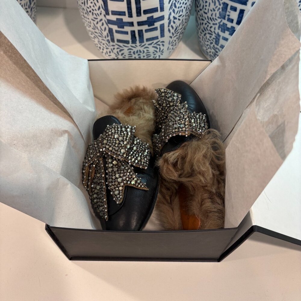 Gucci Princetown Fur Lined Crystal Bow Mule Slippers Black Leather Size 36 6 - Picture 17 of 17
